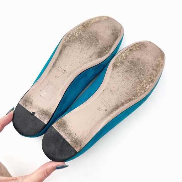 GUCCI Interlocking Crystal GG Ballet Flat Size 37 US 7 Teal Blue Suede - Picture 11 of 13